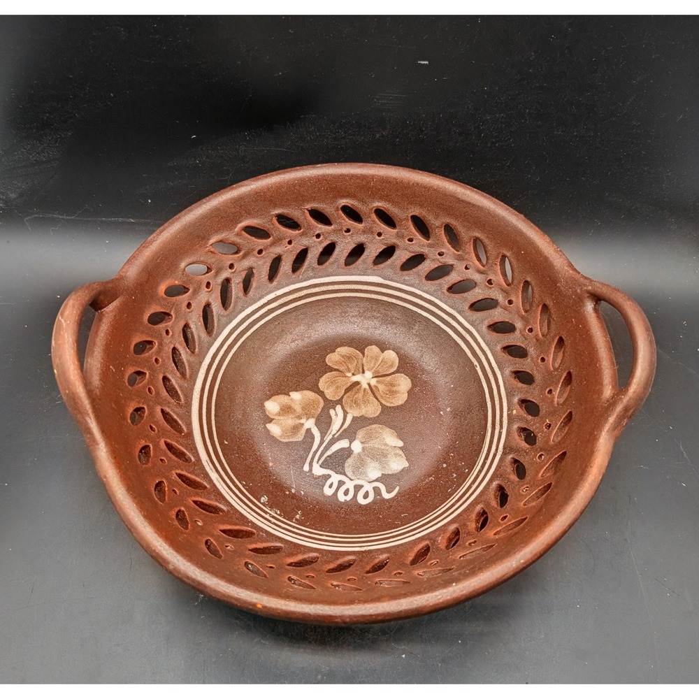 Hungarian Folk Art Floral Pierced Reticulated Pottery Bowl Handles Brown 11"